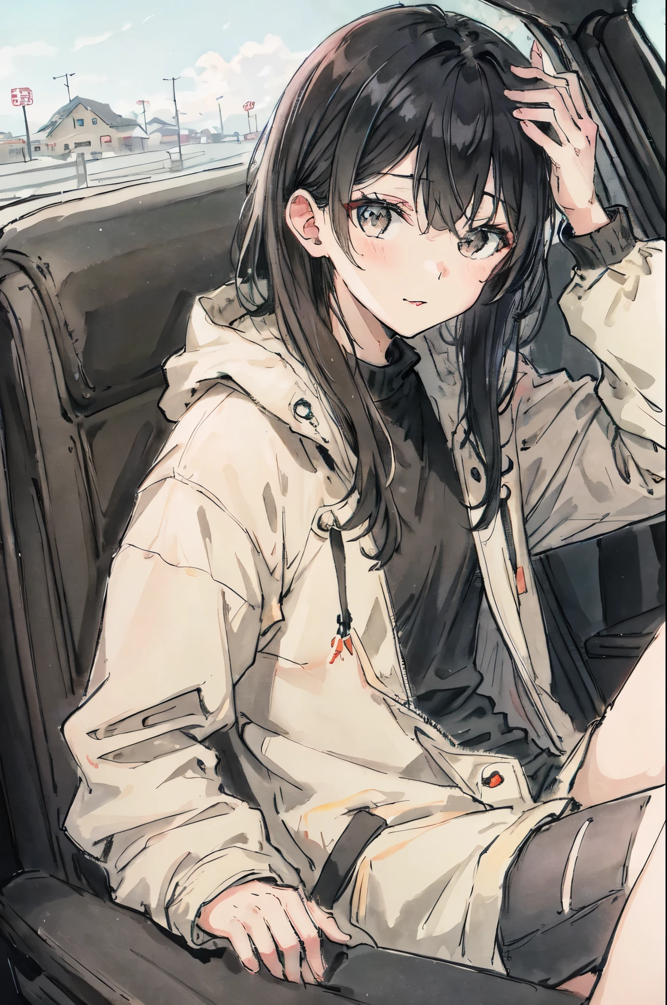lean against the passenger seat、Bolides、A dark-haired、Viewed from the driver's seat、parka、guido、城市、infp young woman