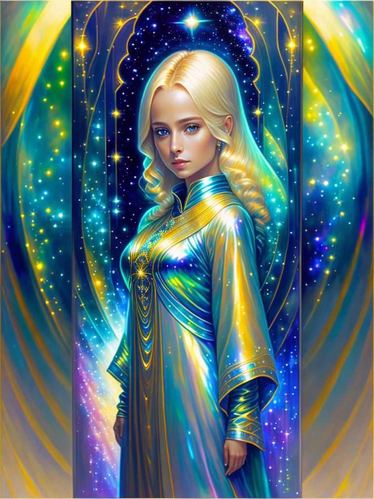 Image of a blond realistic lady standing, In a mesmerizing display of extraterrestrial fashion, a luminous being adorned in iridescent robes commands attention. The subject of this oil painting is a captivating alien figure,