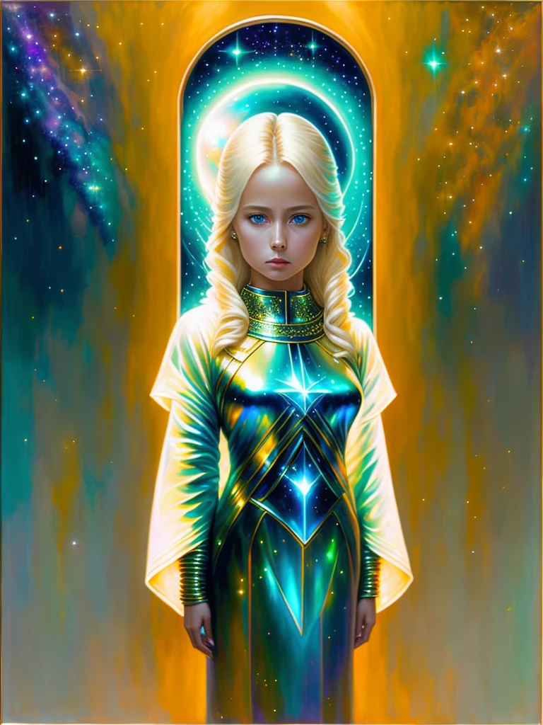 Image of a blond realistic lady standing, In a mesmerizing display of extraterrestrial fashion, a luminous being adorned in iridescent robes commands attention. The subject of this oil painting is a captivating alien figure,