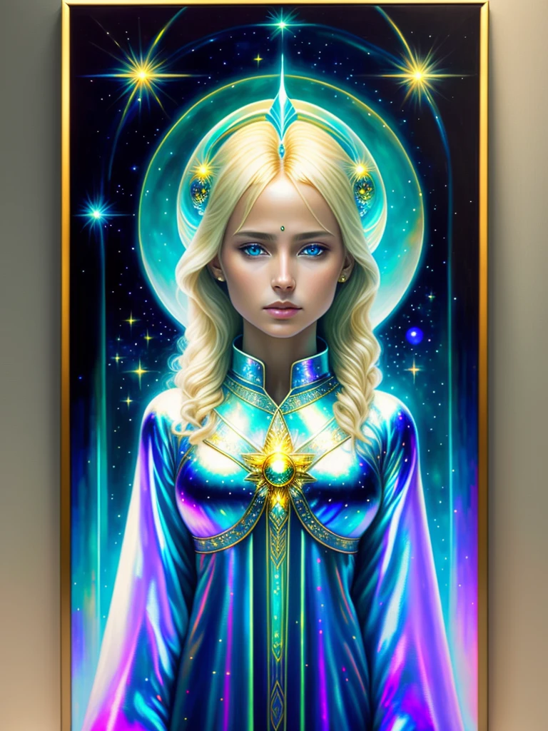 Image of a blond realistic lady standing, In a mesmerizing display of extraterrestrial fashion, a luminous being adorned in iridescent robes commands attention. The subject of this oil painting is a captivating alien figure,
