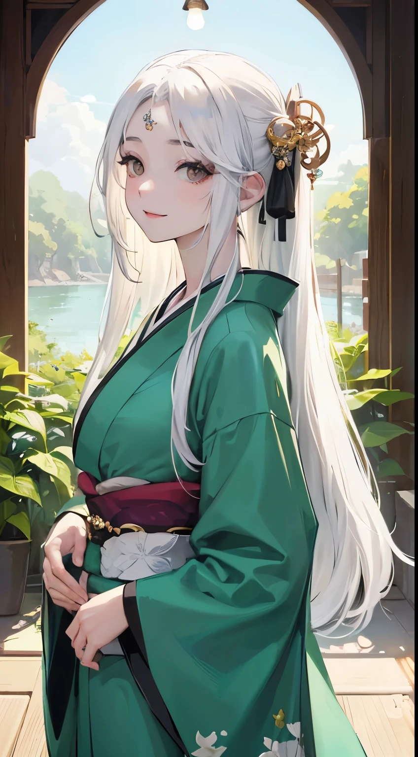 One lady、Woman with white hair、INFJ、parting bangs、Super Long Hair、、wear a light green kimono、Black eyes、Gentle smile、Sunlight、whole body green、parted bangs、forehead