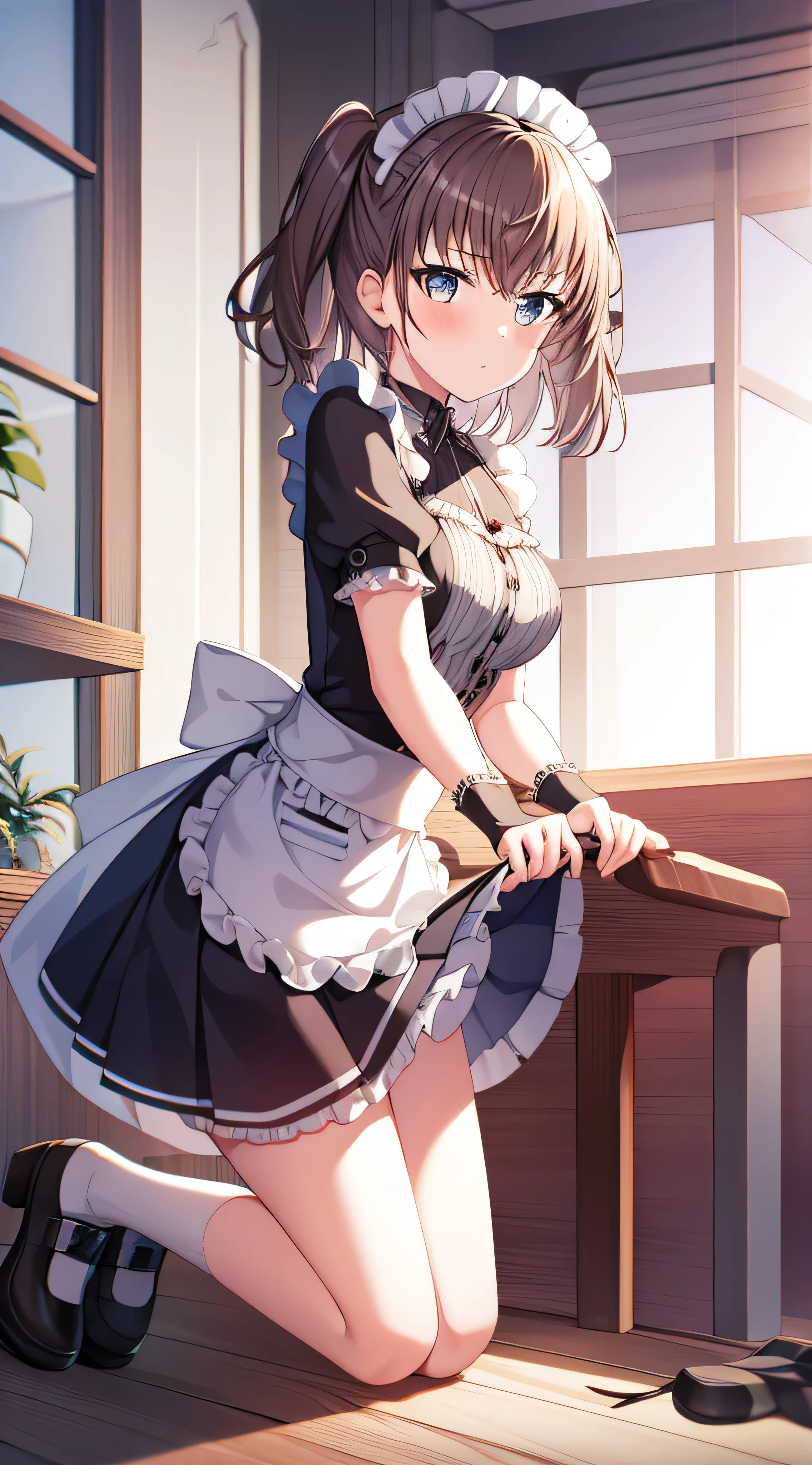 1 girl, , Alone, Raised your legs, long_the hair, a skirt, Black_the hair, maid_Hats, lookingat_Take a step back, lookingat_Shown in_peeking at the viewer, through bangs, Black_Raised your legs, face flushed, Black_a skirt, Sam, short_the sleeve, Clothes are_lifted up, wrists_Arm cuffs, Decorative style, a skirt_lifted up, bigger_, lifted uped_pasado_self-expression, Translucent liquid comes from_Shown in后面, maid, Fluffy_short_the sleeve, side locks, Fluffy_the sleeve, cropper_top, blunt_through bangs, , awas_mGet outh, bigger腿, Black_with eyes, cthe hair, Kneeling, frilly_a skirt, _Get out, Shown in室内, janelas,