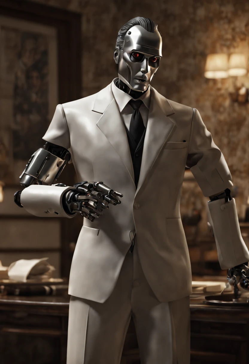 a Robot Butler as Mike Corleone in "The Godfather", enhance, intricate, (best quality, masterpiece, Representative work, official art, Professional, unity 8k wallpaper:1.3)