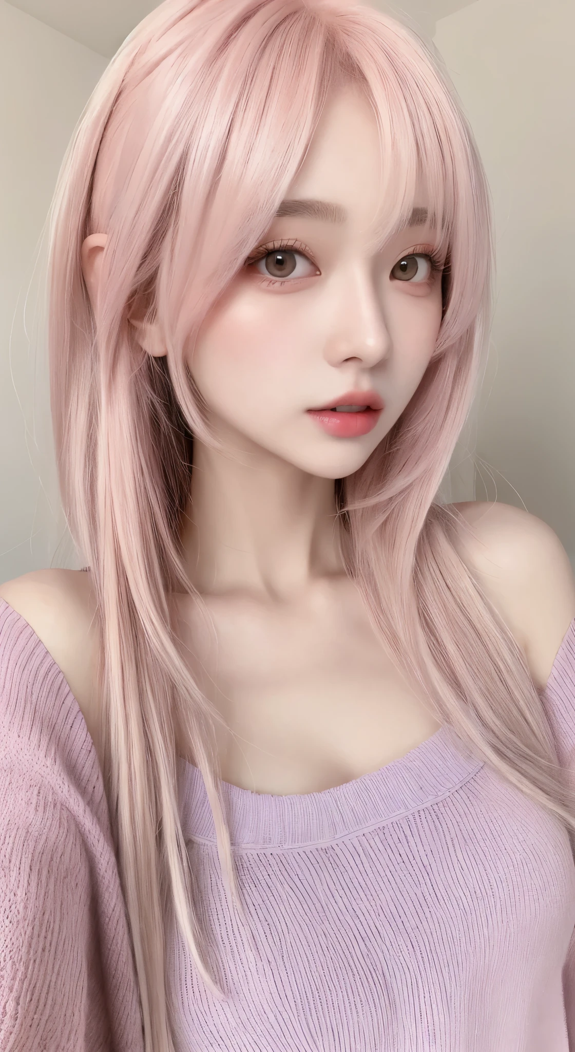 Beautiful woman with perfect figure:1.4,Layered Hair Style,potruding nipple:1.2,blue sweater,Highly Detailed Face and Skin Textur,二重まぶた,Whitening Skin,Long pink hair