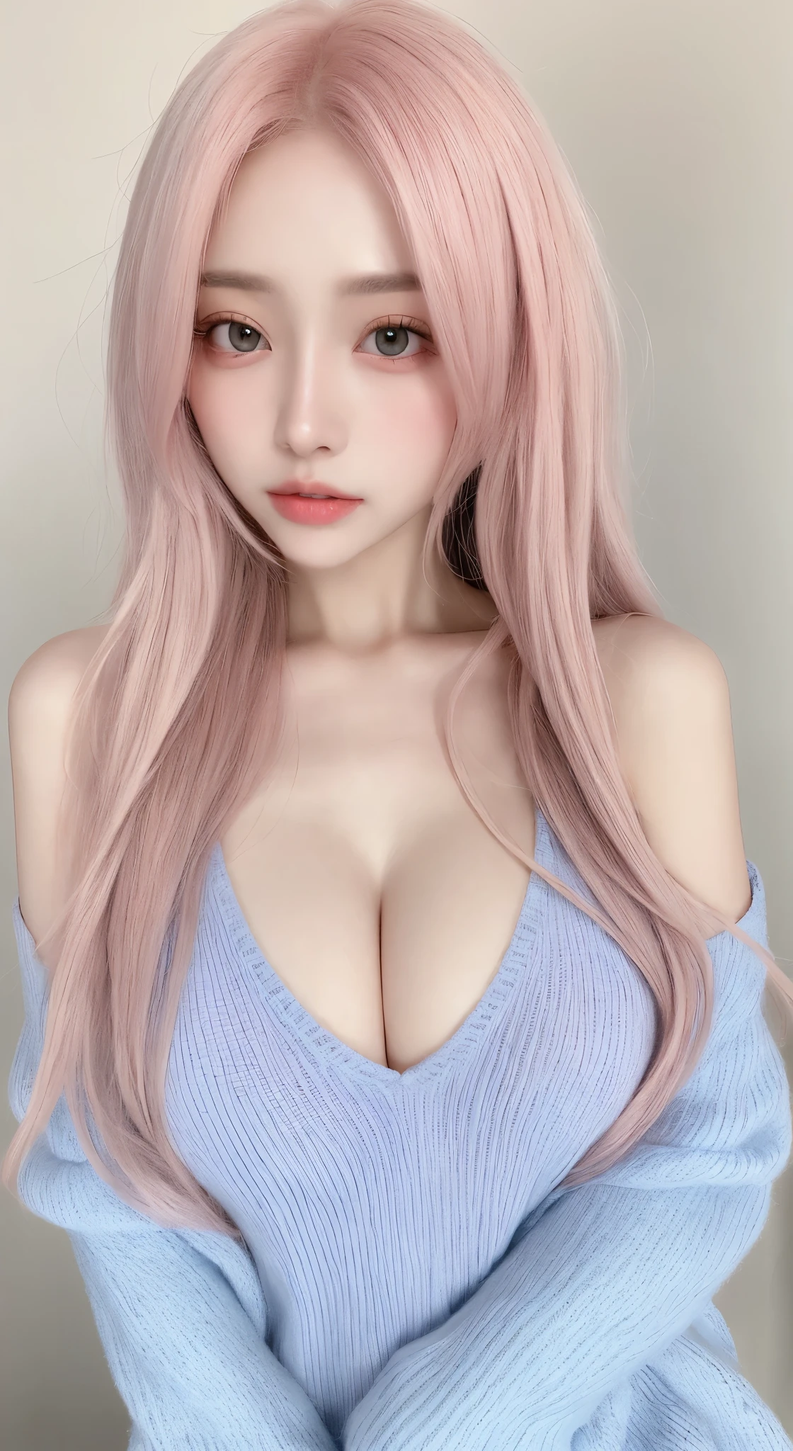 Beautiful woman with perfect figure:1.4,Layered Hair Style,potruding nipple:1.2,blue sweater,Highly Detailed Face and Skin Textur,二重まぶた,Whitening Skin,Long pink hair