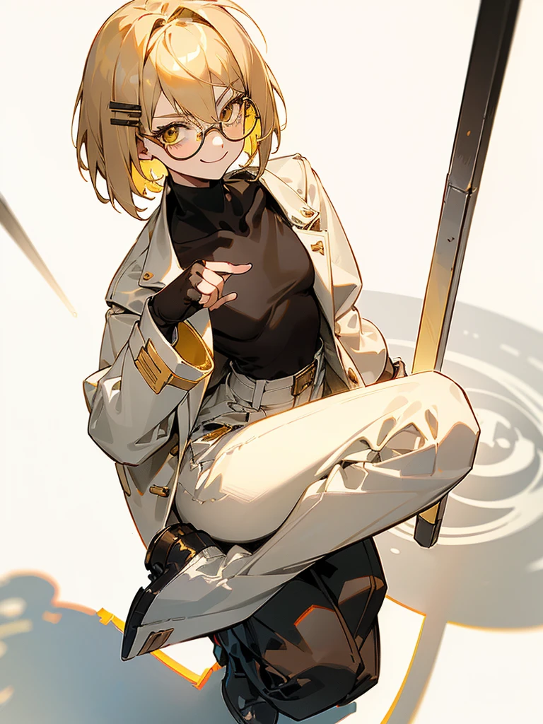 1girl, (solo:1.2), (masterpiece, sidelighting, finely detailed plain yellow eyes: 1.2), ((best quality)), ((masterpiece)), (highly detailed:1.3), anime, young girl, small chest, childish body, ((brown turtleneck sweater)), (white open coat with long sleeves), oversized pants, grey pants, (short hair, golden blonde hair, messy haircut, hair between eyes, hairclips on left side) ((wearing large circle glasses)), ((masterpiece)), (shadow), [slim], ((sharp foculurry background), finger gloves, (collarbone), (smug smirk),