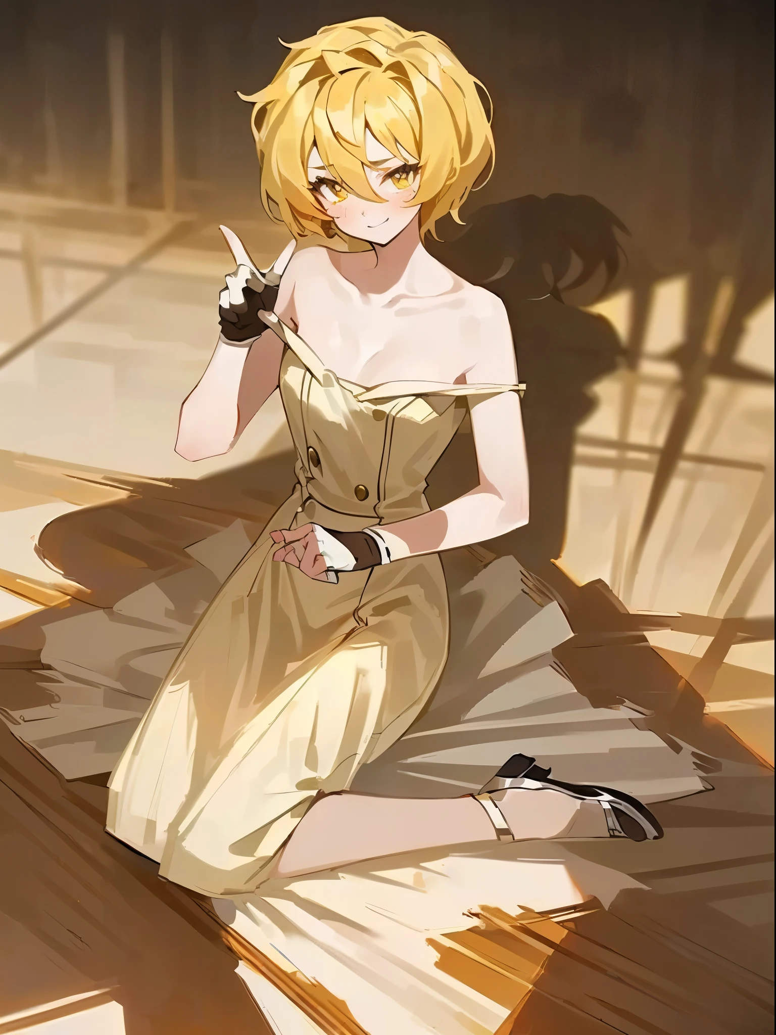 1girl, (solo:1.2), (masterpiece, sidelighting, finely detailed plain yellow eyes: 1.2), ((best quality)), ((masterpiece)), (highly detailed:1.3), anime, young girl, small chest, childish body, (short hair, golden blonde hair, messy haircut, hair between eyes, ((masterpiece)), (shadow), [slim], ((sharp foculurry background), finger gloves, (collarbone), gentle smile,