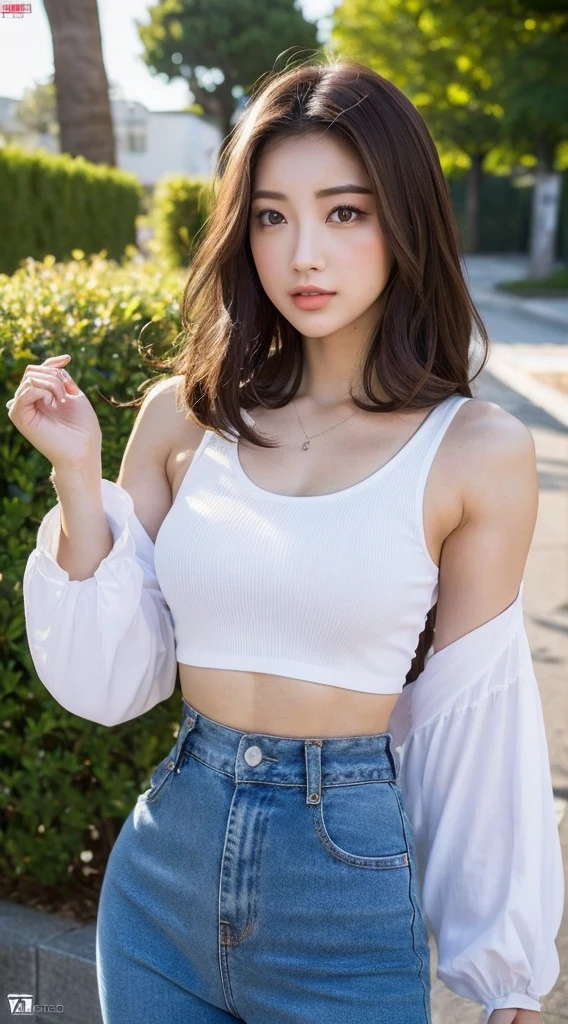 ((Luzes Realistas, Best quality at best, 8K, tmasterpiece: 1.3)), Light focus: 1.2, 1 girl, perfect bodies: 1.4, Slim abs: 1.1, ((dark brown  hair)), (White cropped top: 1.4), (En plein air, the night: 1.1), the city street, Super slim face, Thin eyes, 二重まぶた, Bodybuilding and bodybuilding, Geek twerk style dress, elegant features, The body characteristics of a perfect model,  Sexy features are obvious, Geek tight and sexy fashion outfits