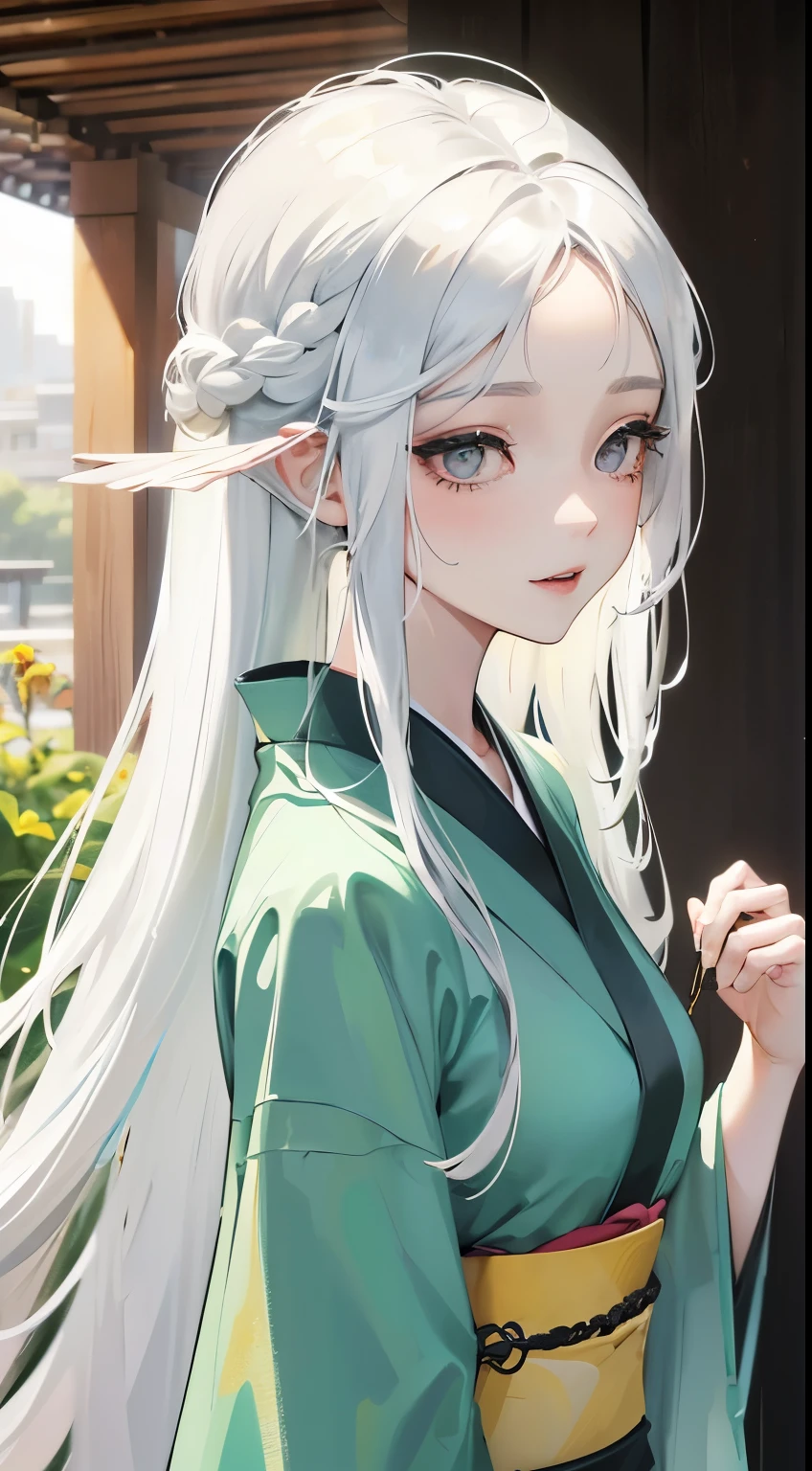 One lady、Woman with white hair、INFJ、parting bangs、Super Long Hair、、wear a light green kimono、Black eyes、Gentle smile、Sunlight、whole body green、parted bangs、forehead、Gentle sister