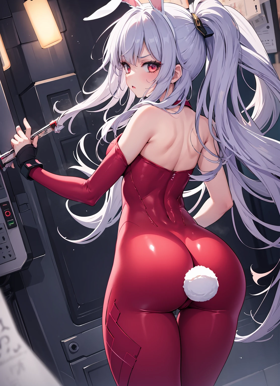 1 girl,Alone, rabbit coda, from back, Sam, coda, Permanent, Put your arms by your sides, Serious, disgust, Be red in the face, Anger vein, lacepantyhose, edgBunny, , The object, tightsuit,