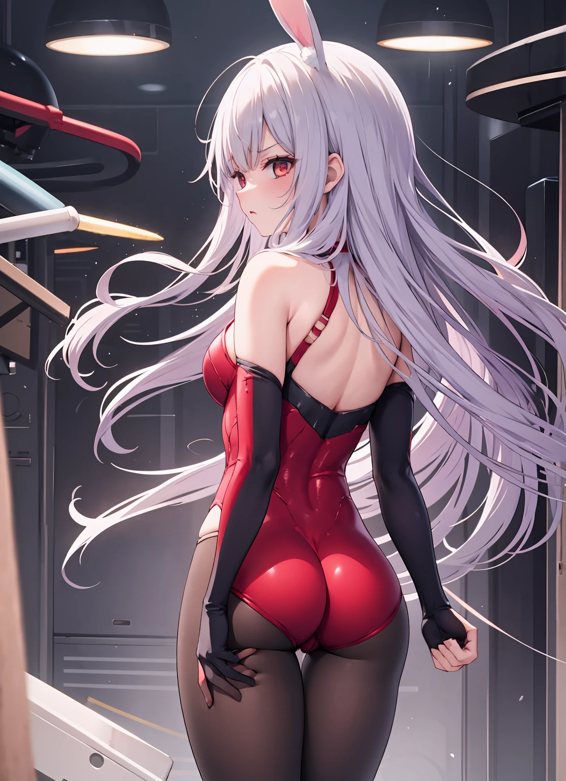 1 girl,Alone, rabbit coda, from back, Sam, coda, Permanent, Put your arms by your sides, Serious, disgust, Be red in the face, Anger vein, lacepantyhose, edgBunny, , The object, tightsuit,