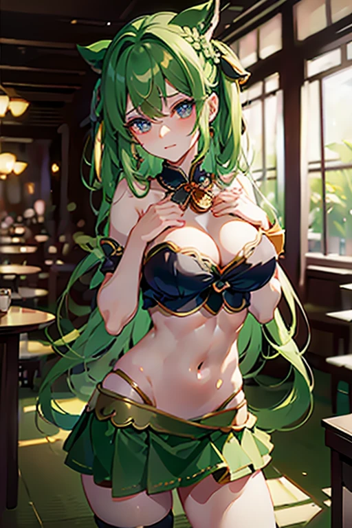 (masterpiece, best quality),best quality, (ultra-detailed), (4heads:1.4), 1girl, (shiki eiki:1.3), masterpiece, best quality, blue top, crop top, ((stomach)), midriff, ((groin)), black skirt, normal ears, shackles, green hair, very long hair, wavy hair, sidelocks, blue eyes, parted lips, single horn, sweat, cute, toned belly, hand on own chest, eyelashes, (20 year old woman:1.3), (masterpiece:1.4), (best quality:1.4), (beautiful detailed eyetremely detailed CG, extremely delicate and beautiful, depth of field, (finely detailed face), (perfect details:1.0), (mature female:1.3), wide pelvis, slender, large veiny breast, 8k resolution, high quality, high definition, extremely detailed, masterpiece, best quality, green hair, long hair, alluring presence, braid, short skirt, close up, big tits, young