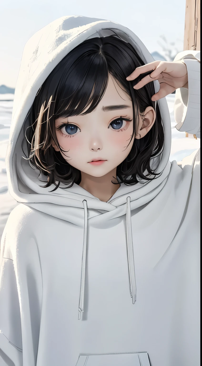 Winters、rhyme、Yuki、kou、Frozen World、a white world、one girls、18years old、parfect anatomy、Correct human body、Layered Haircut、short wavy hair、Woman with cute face、Perfect good looks、Natural color poncho style hoodie、Silence、white walls、rhyme、a white world、Simplified background、natural soft light、raw、Photorealsitic、top-quality、Real Stick、hiquality、high-level image quality、Random Poses