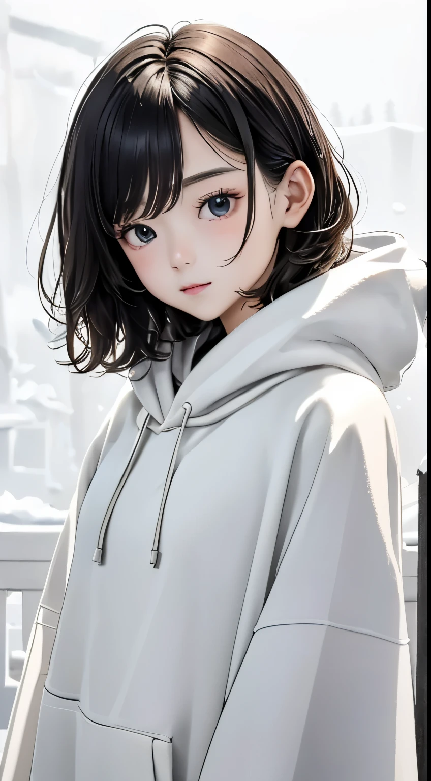 Winters、rhyme、Yuki、kou、Frozen World、a white world、one girls、18years old、parfect anatomy、Correct human body、Layered Haircut、short wavy hair、Woman with cute face、Perfect good looks、Natural color poncho style hoodie、Silence、white walls、rhyme、a white world、Simplified background、natural soft light、raw、Photorealsitic、top-quality、Real Stick、hiquality、high-level image quality、Random Poses
