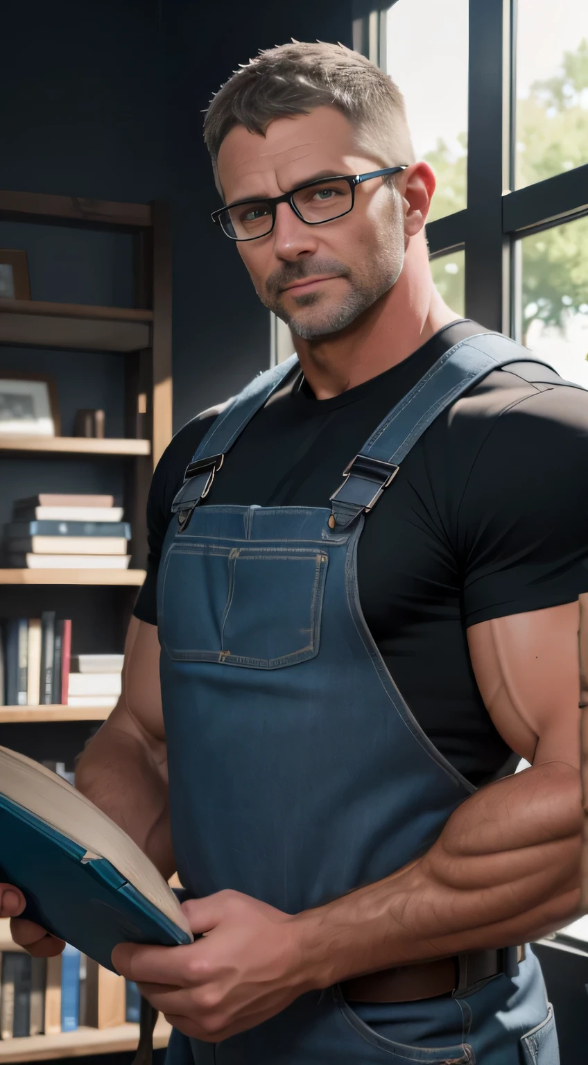 An award-winning original photo,A wild muscular man, (40 years old daddy:1.3), 1boy, Solo, (blue overall), (black T-shirt), (big tool belt), silver hair, (big shoulders), musculature, stubbles, Short beard, Beautiful eyes:1.3, ), (Detailed face:1.3), wearing glasses, smiles, (reading a book), Dynamic Angle, volumetric lighting, (Best quality, A high resolution, Photorealistic), Cinematic lighting, Masterpiece, RAW photo, Intricate details, hdr, depth of field, upper body