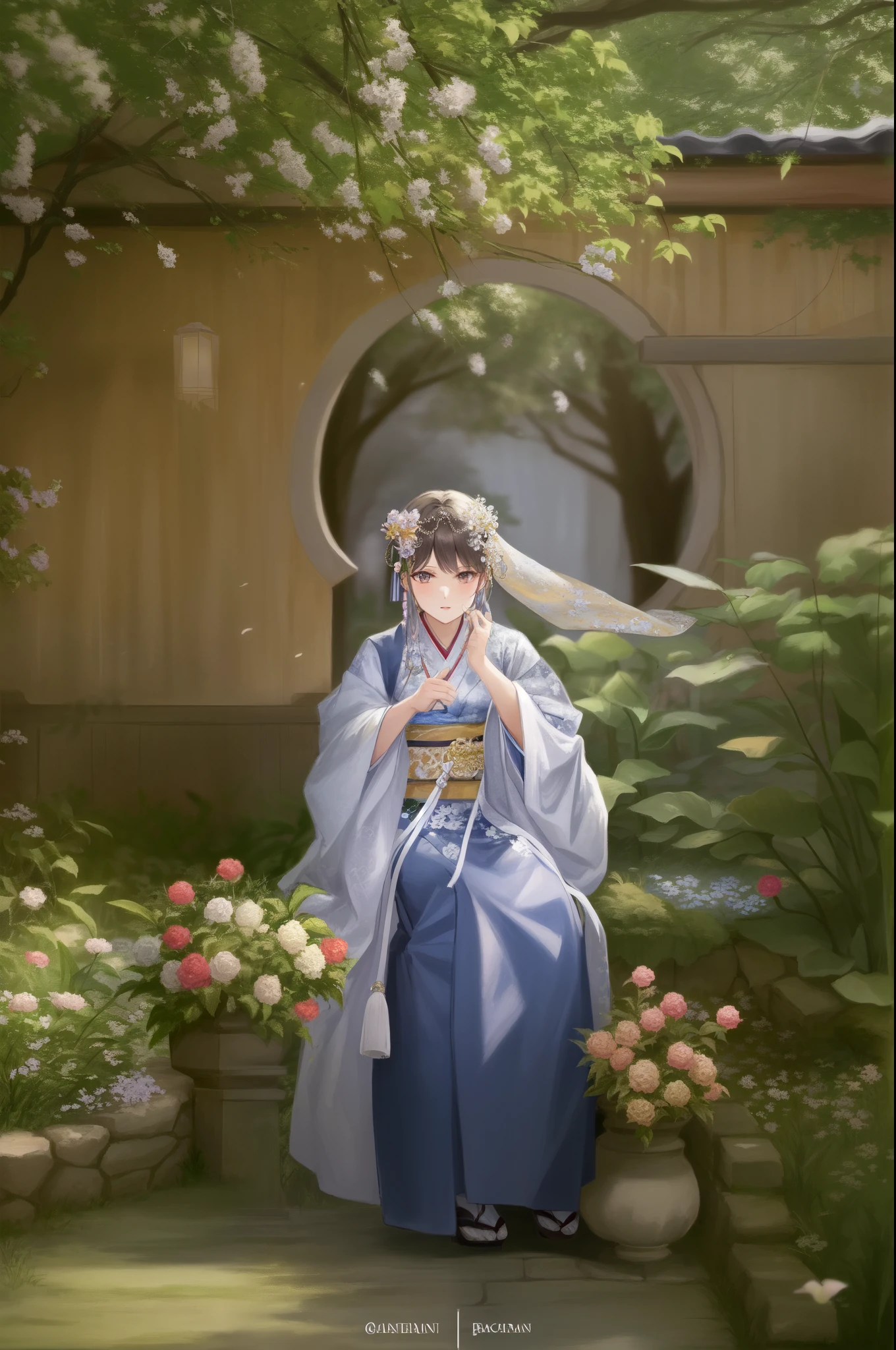 (blurry:1.3), (blurry drawing:1.3), a woman in a blue dress sitting in a garden with flowers, palace ， a girl in hanfu, hanfu, white hanfu, in kimono, fairycore, with acient chinese clothes, pale and coloured kimono, ancient garden behind her, long beautiful flowing kimono, ethereal fairytale, sakimichan, cai xukun, kimono, wearing ancient chinese clothes