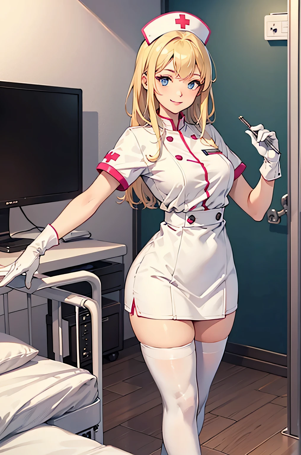 1woman, solo, nurse, nurse cap, white wear, ((white legwear, zettai ryouiki)), white gloves, blonde hair, blue eyes, pink lips, smile, standing, ((hospital room)), sharp outline, short sleeves, mature female, 35 years old, best quality, masterpiece