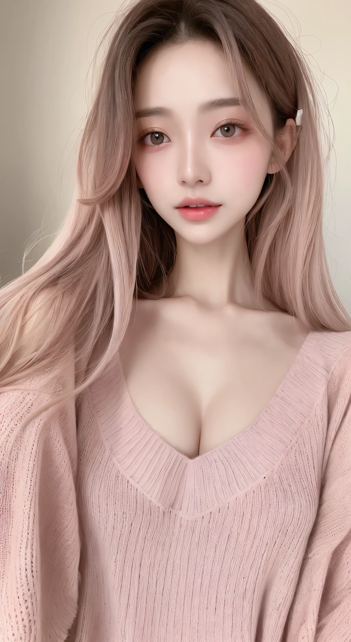 Beautiful woman with perfect figure：1.4，Layered Hair Style，potruding nipple：1.2，blue sweater，Highly Detailed Face and Skin Textur，double eyelid，Whitening Skin，Long pink hair