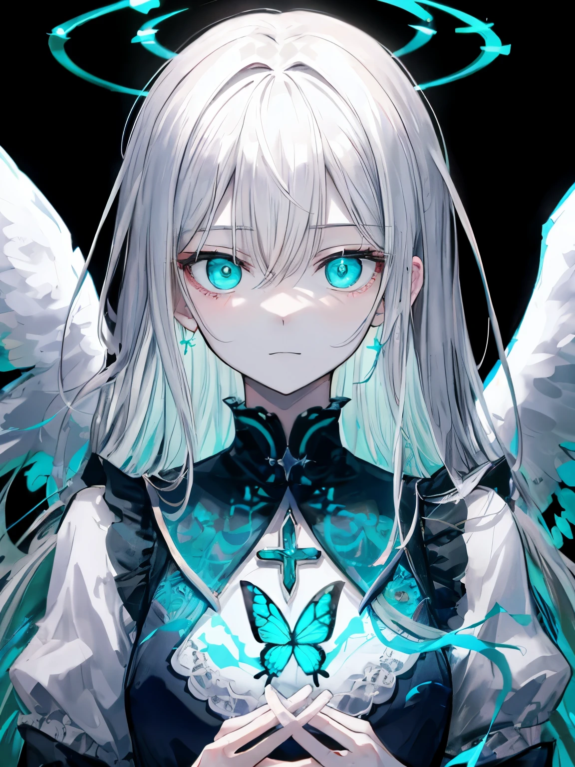 Best Quality、masutepiece、Ultra-detailed、face perfect、Extremely detailed、Extremely delicate、1 boy, (Scary), Angel, blanche髪、Long hair、Gorgeolanche'The halo), Dark, Glowing eyes, Light green eyes, Angel wings, holy, , blancheのチュニック, 2対のblanche angel wings, which are full of confidence, Keep your mouth shut、Expressive eyes, collofull eyes, Contrasty, shadowy, masutepiece, Digital Art, Glowing eyes, Intimidating, corrupted, Demonic, Abstract background, blanche, black and teal、両手にblancheく輝く星を浮かばせる、fear、A light blue butterfly dances