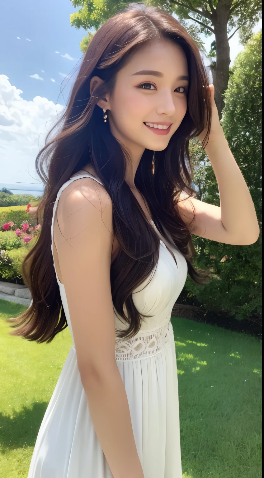 （best qualtiy，A high resolution，tmasterpiece：1.2)1girl,solo,long_hair,dress,brown_hair,smile,white_dress,looking_at_viewer,day,outdoors,lips,realistic,sky,sundress,black_eyes,tree