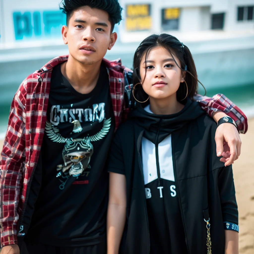 there are two people standing next to each other on a beach, taken with canon eos 5 d mark iv, taken with canon 8 0 d, shot on canon eos r5, shot on canon eos r 5, taken with canon 5d mk4, taken with sony alpha 9, outlive streetwear collection, taken with a canon eos 5dBoy with girlfriend love futuristic background realistic face 8k ultra high quality hd