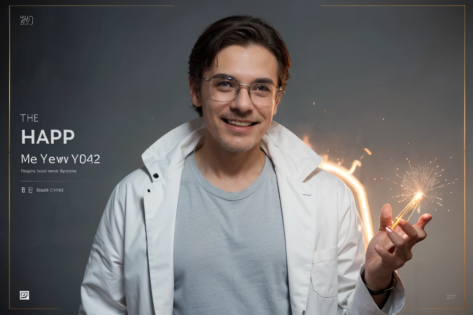 8K photos,Laboratory with a sense of time,A male chemist celebrates his chemical achievements,white mustache,Gold-rimmed glasses,White lab coat,The face is vicissitudes,laughing very happily,The background has((polymer model)),grand space,(((There is a molecular formula in the air))),Cyber style,There is 3D text "Happy New Year 2024" on the front
