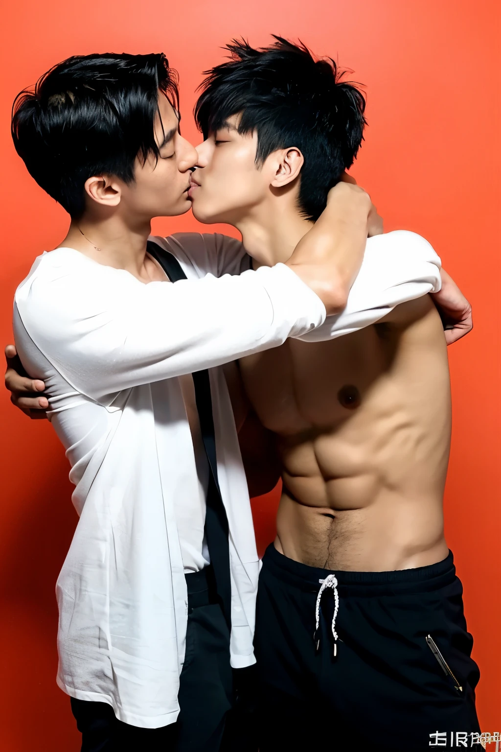 Two people, handsome student, pants, black hair, shirtless, tanned skin, tall man, bulky, hugging, kissing