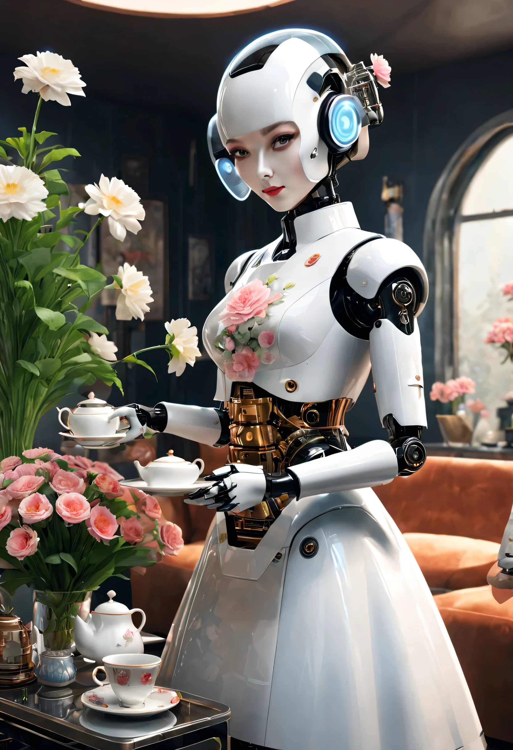 Qingdao Chiho style，Retro-Future，Robot butler in retro costume makes tea in surreal living room，There are beautiful flowers in the living room，The head is equipped with a high-definition analog face display，Warm and friendly smile,Wearing a holographic white butler uniform skirt suit，Future character design，sci-fy，Black technology，3D ，cyber punk personage