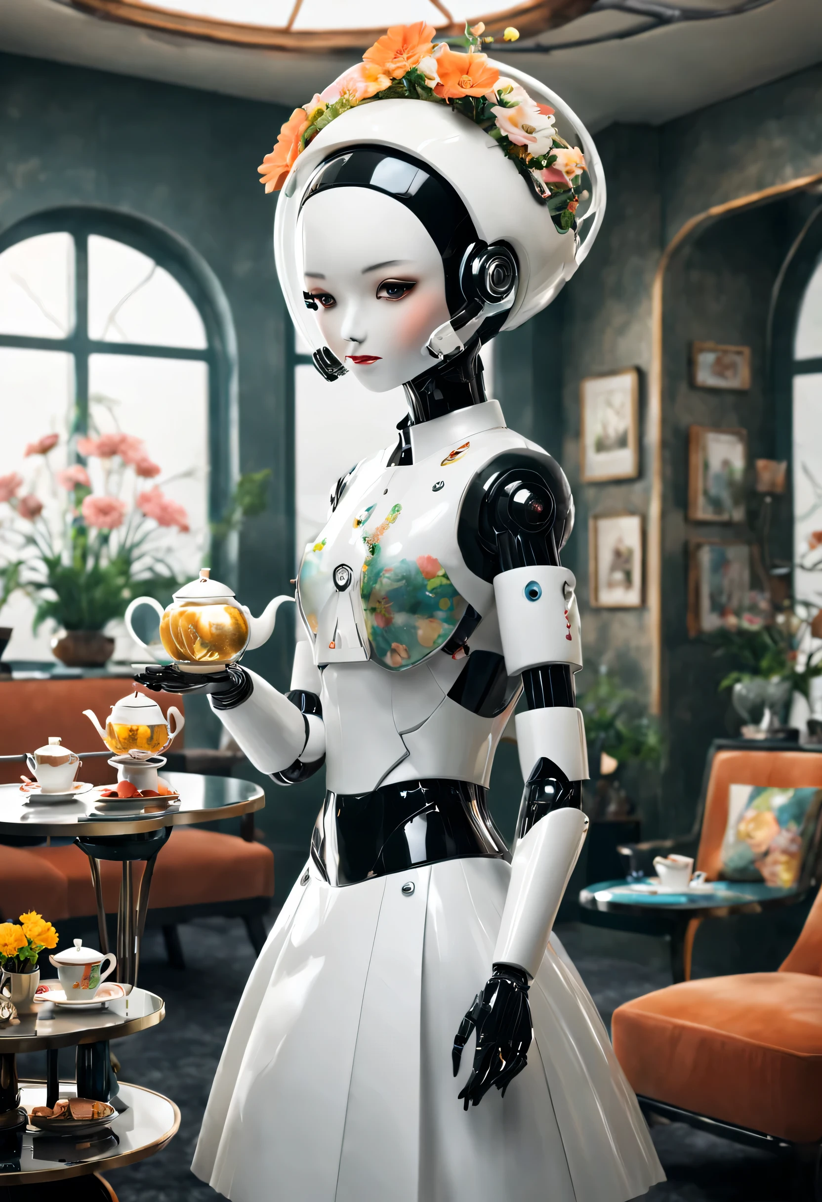 Qingdao Chiho style，Retro-Future，Robot butler in retro costume makes tea in surreal living room，There are beautiful flowers in the living room，The head is equipped with a high-definition analog face display，Warm and friendly smile,Wearing a holographic white butler uniform skirt suit，Future character design，sci-fy，Black technology，3D ，cyber punk personage