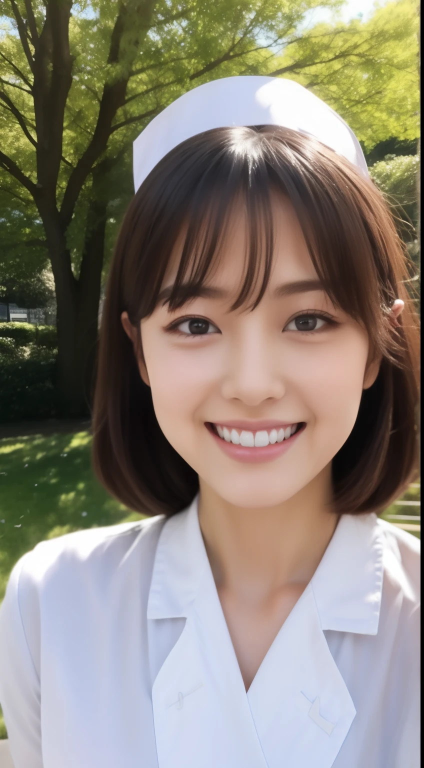 Miss Cabaret、White nurse uniform、hiquality、A hyper-realistic、healthy、Smiling expression、Slender perfect figure、Japan beauties、beautidful eyes、face perfect、Beautiful skin、a park、Contre-Jour