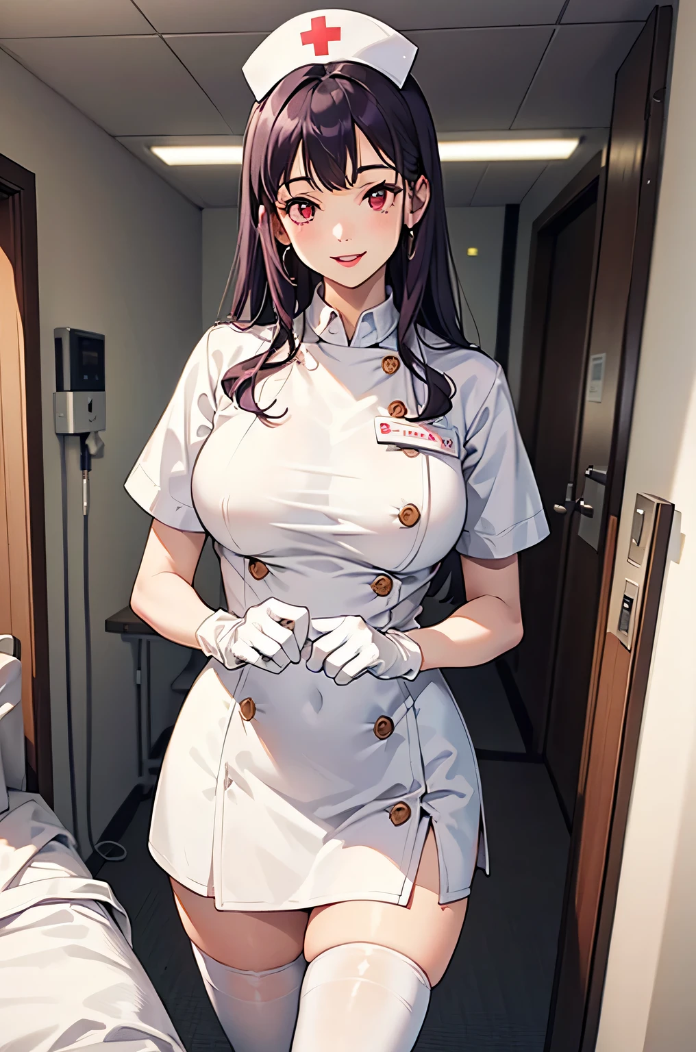 (masterpiece, best quality:1.2), cowboy shot, solo, 1girl, revy, unamused, looking at viewer, contrapposto, hand on hip, ponytail, nurse cap, nurse, hospital, hallway <lora:blacklagoon_revy:1>