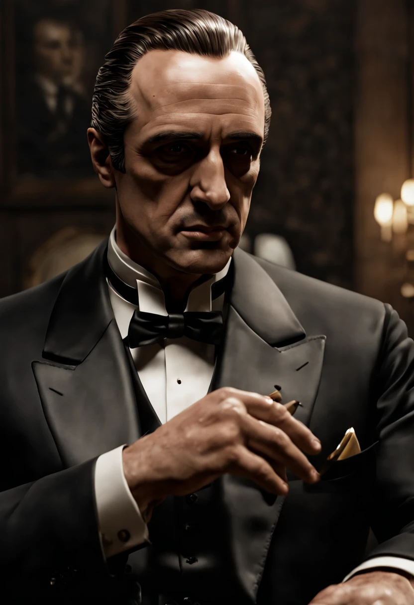 Mike Corleone in "The Godfather", Robot hand, Butler, enhance, intricate, (best quality, masterpiece, Representative work, official art, Professional, unity 8k wallpaper:1.3)