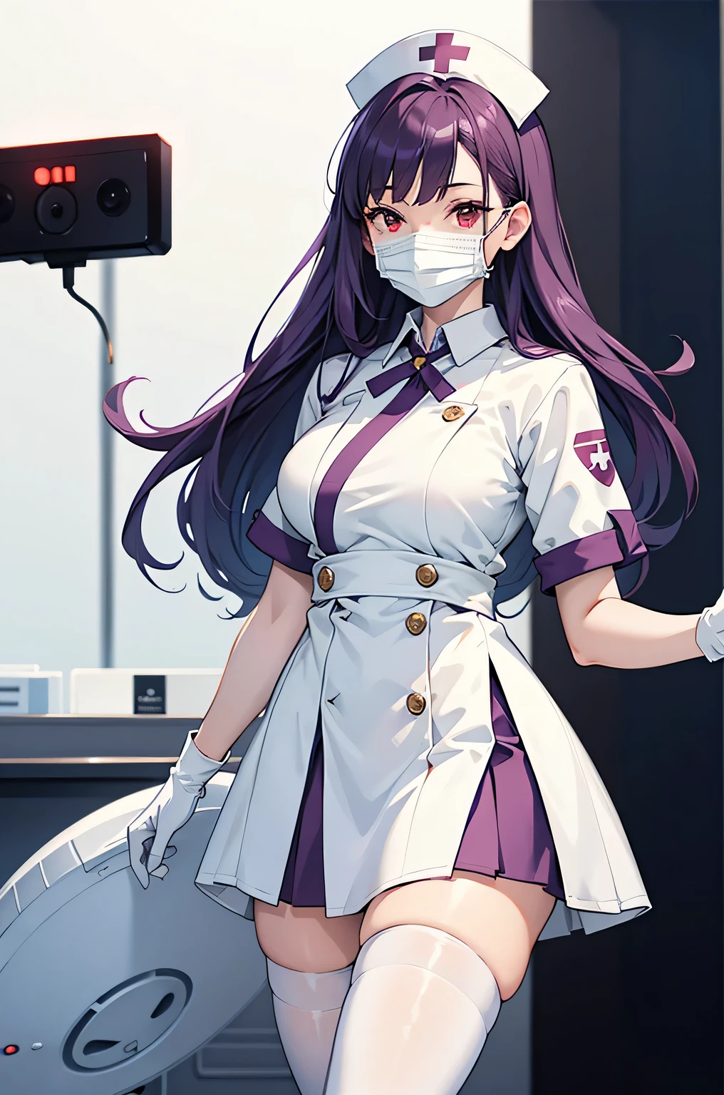 1woman, solo, nurse, nurse cap, white wear, ((white legwear, zettai ryouiki)), white gloves, long hair, purple hair, red eyes, ((white surgical mask, covered nose)), standing, ((hospital room)), sharp outline, short sleeves, mature female, 35 years old, best quality, masterpiece