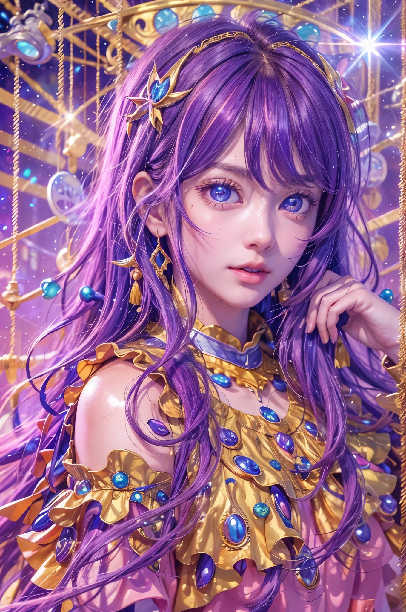 (Realistic:1.8), (best quality, masterpiece:1.2), (realistic, photo-realistic:1.4),(masterpiece:1.4), (Detailed face, Detailed eyes, Glossy Lips, dropy eyes, Double eyelid, Light color eyes, Glossy eyes, Shiny eyes:1.4), beautiful Teeth, Detailed hair, young fingers, Detailed fingers, five fingers, anime girl with long purple hair and purple eyes holding a microphone, anime moe artstyle, anime best girl, anime visual of a cute girl, marin kitagawa fanart, (anime girl), anime girl named lucy, misato katsuragi, anime waifu, sankakucomplex anime image, anime visuals, anime visual of a young woman, an anime girl