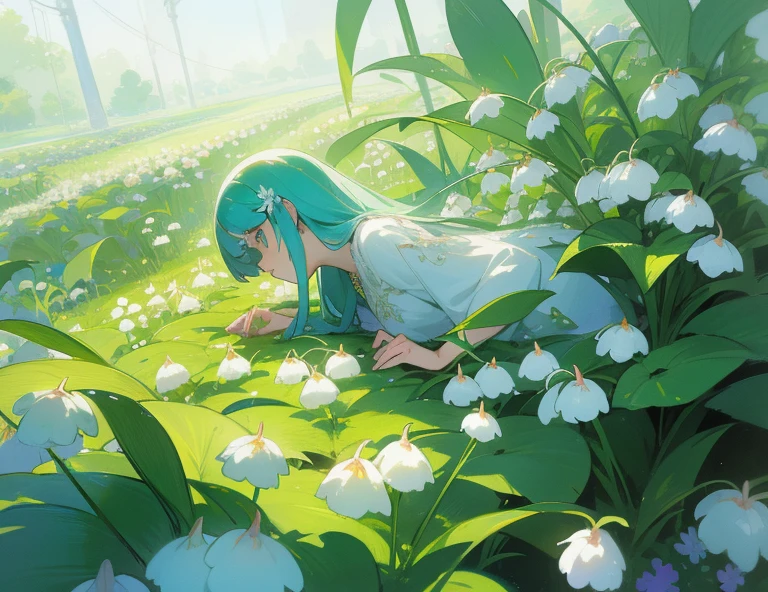 Sharp Details, lily-of-the-valley, lily-of-the-valley flower garden, Great and beautiful atmosphere, concept art illustration, Movie, Details, From Bottom