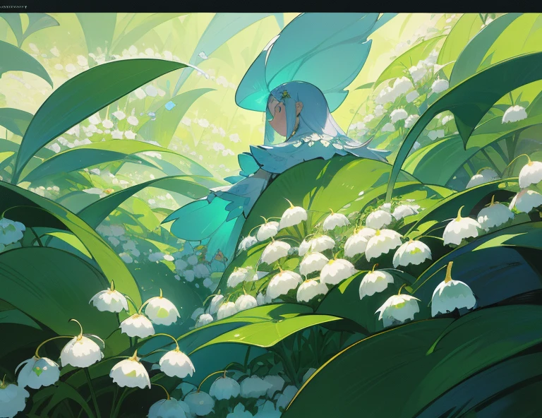 Sharp Details, lily-of-the-valley, lily-of-the-valley flower garden, Great and beautiful atmosphere, concept art illustration, Movie, Details, From Bottom