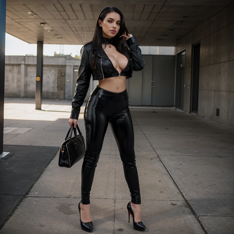 Dominatrix in black leggings and high heels presenting her shoes