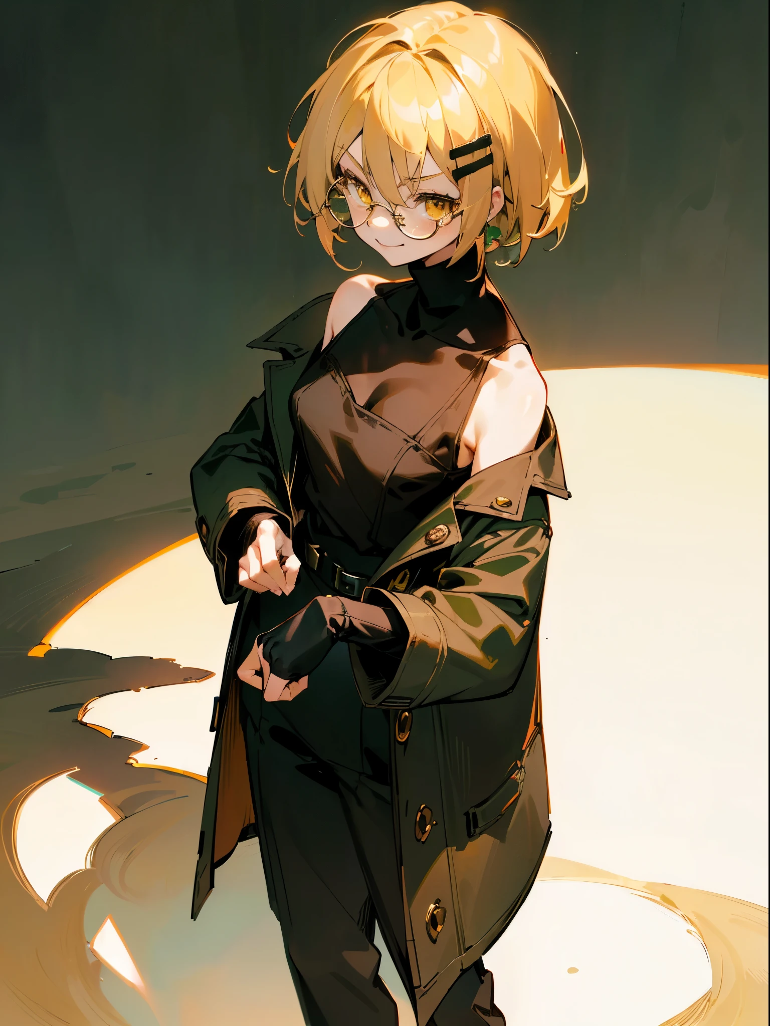 1girl, (solo:1.2), (masterpiece, sidelighting, finely detailed plain yellow eyes: 1.2), ((best quality)), ((masterpiece)), (highly detailed:1.3), anime, young girl, small chest, childish body, ((brown turtleneck sweater)), (dark green open coat with long sleeves), oversized pants, dark green pants, green tie, (short hair, golden blonde hair, messy haircut, hair between eyes, hairclips on left side) ((wearing large circle glasses)), ((masterpiece)), (shadow), [slim], ((sharp foculurry background), fingerless gloves, (collarbone), (smug smirk),