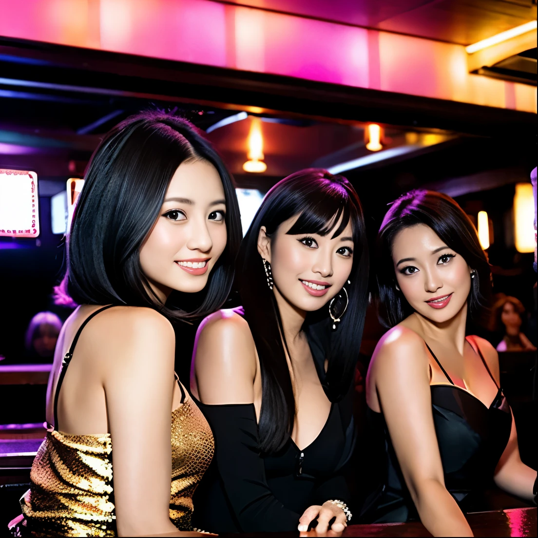 Four female clerks sitting in a cabaret club with bottles of alcohol in the back, beautiful alluring female,doress,Erika Sawajiri and Haruka Ayase,Asian Women, Facing straight ahead, Japanese, Ayumi Hamasaki and Noriko Sakai, looking partly to the left, with black, candid shot, exclusive, hostess woman, Beautiful women