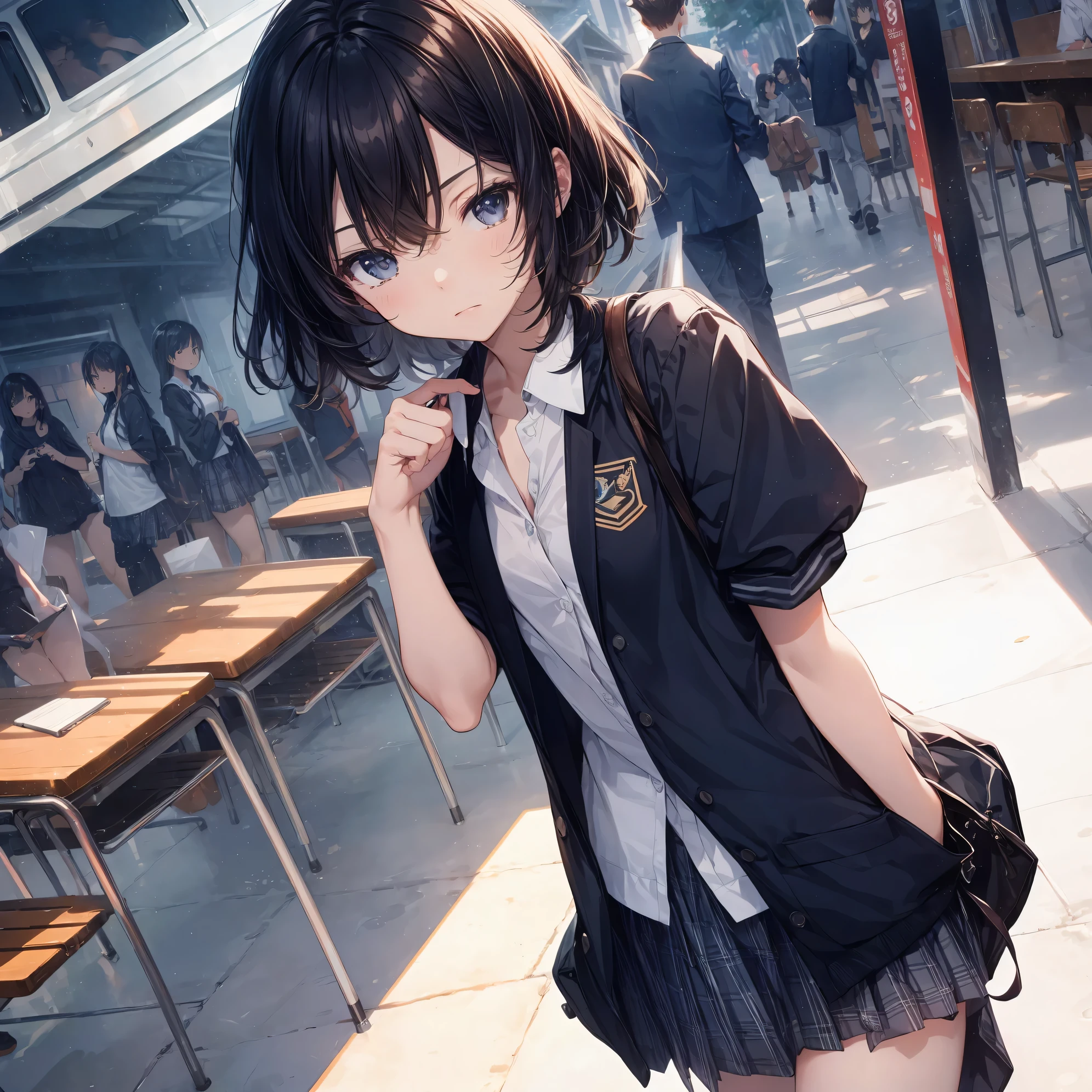 Super high quality by the art god, Ultra-detailed, High resolution, Shinkai Makoto style, anime moe art style, best anime 8K konachan wallpaper, Pixiv Contest Winner, Perfect Anatomy, BREAK,(Please draw a sleepy girl going to school alone.. ),BREAK, a hyperrealistic schoolgirl, (Solo,Lori,child,13years:1.3),Full limbs, complete fingers,a junior high school student, Androgynous attraction, (Very short hair), hair messy, flat chest, Small butt, groin, Small eyes,Beautiful detailed black eyes, Well-proportioned iris and pupils, disgusted eye, High resolution detailed hair, School uniform, Skirt, On the way to school. BREAK,Ultra-detailed細なスキン, Best lighting by famous artists, 8K, Illustration,
