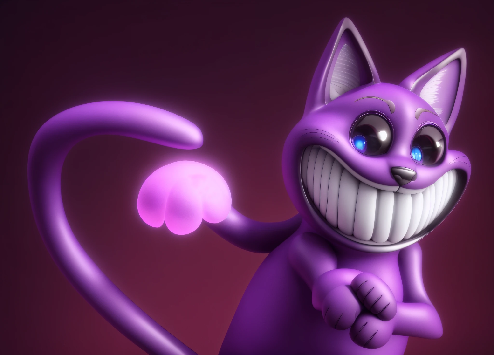 purple cat with big eyes and a big smile on its face, purple plastic glossy cat, anthropomorphic cat, cute! c4d, cheshire cat, cat. cat with creepy smile, digital painting, animation character, the cheshire cat, cute 3 d render, elokitty, rendered in blender, adorable digital painting, anthropomorphic female cat, rendered art. close-up RAW photo, detailed textures, sharp focus, ultra-high pixel detail, intricate, realistic, movie scene, cinematic, high-quality, full colors, incredibly detailed, 4k, 8k, 16k, hyper-realistic, RAW photo, masterpiece, ultra-detailed, professionally color graded, professional photography