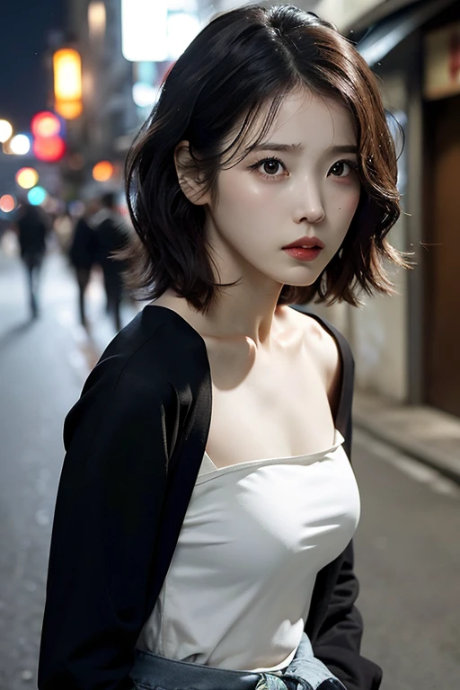 Best quality, masterpiece, ultra high res, (photorealistic:1.4), 1girl, in the dark, deep shadow, low key,  (photorealistic:1.4), slim body, no shirt, small breasts, undone hair, off shoulder, japanese street alley, dynamic pose, face closeup