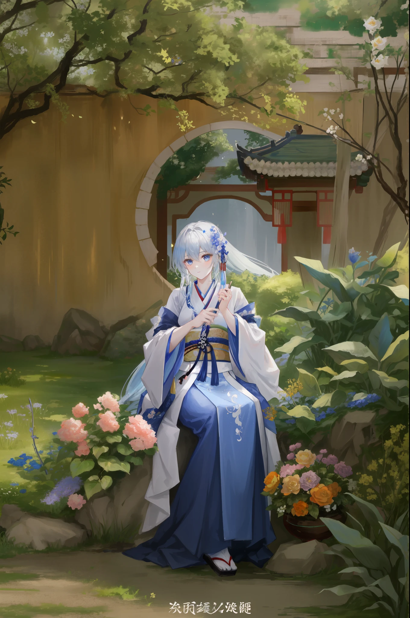 a woman in a blue dress sitting in a garden with flowers, palace , a girl in hanfu, hanfu, white hanfu, in kimono, fairycore, with acient chinese clothes, pale and coloured kimono, ancient garden behind her, long beautiful flowing kimono, ethereal fairytale, sakimichan, kimono, cai xukun, wearing ancient chinese clothes
