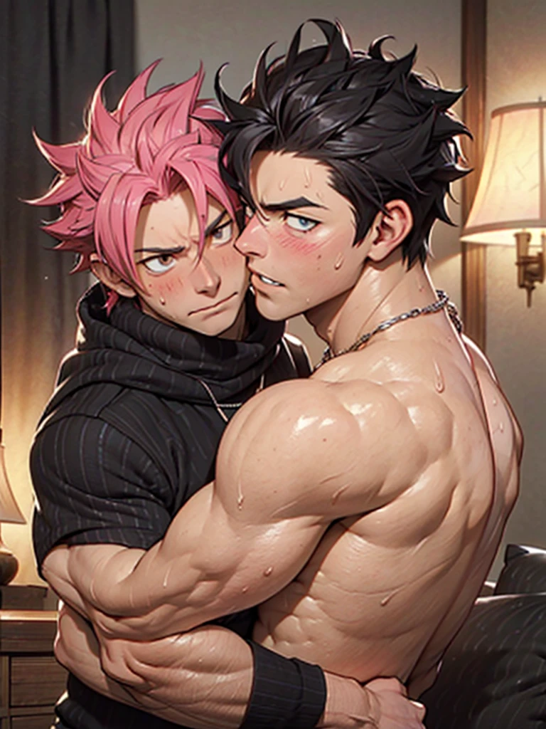 (Upper body vieood anatomy),2boys 2 male, 2 men, duo, two characters (kissing), (Natsu Dragneel with his fiery pink hair is muscular and sweating heavily while blushing looking at the other man, and is wearing pants and is bare chested shirtless), while (Gray Fullbuster is muscular ripped and is sweating heavily and looking at the other man, he has jet black hair and a necklace, with a tattoo on his pec and is bare chested shirtless as well), the image is (high quality, masterpiece, cg render, deviantart), the scenery is of a bedroom where both the boys are looking at each other in low light and their glistening bodies that are sweating and oily, (gay art, yaoi art and passionate love scene)