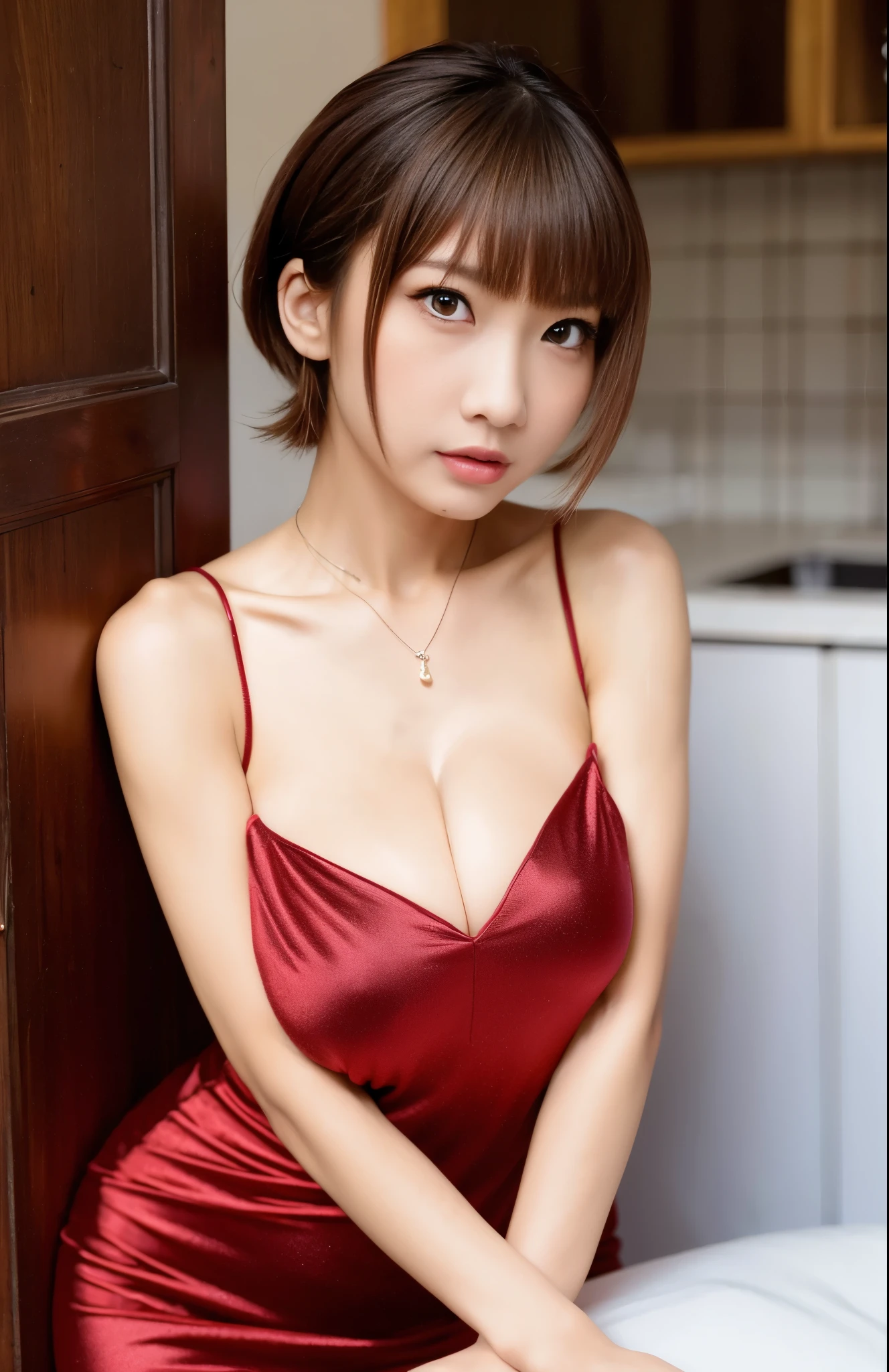 Best Quality, masutepiece, (Realistic: 1.2), 1 girl, Slim Girl, Red hair, Brown eyes, front, Detailed face, Beautiful eyes, Brown eyes, Big eyes, Small breasts, cleavage, long-one-piece dress
