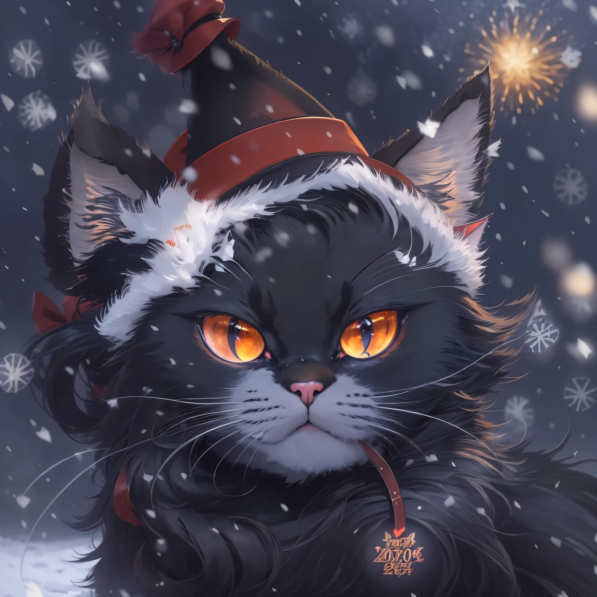 Black cat, demon cat, anime cat, warrior cats fan art, (((wear new-year's hat))), profile picture 1024px, snow, anime visual of a cute cat, the background is on snowflakes, fire eyes, by Yang J