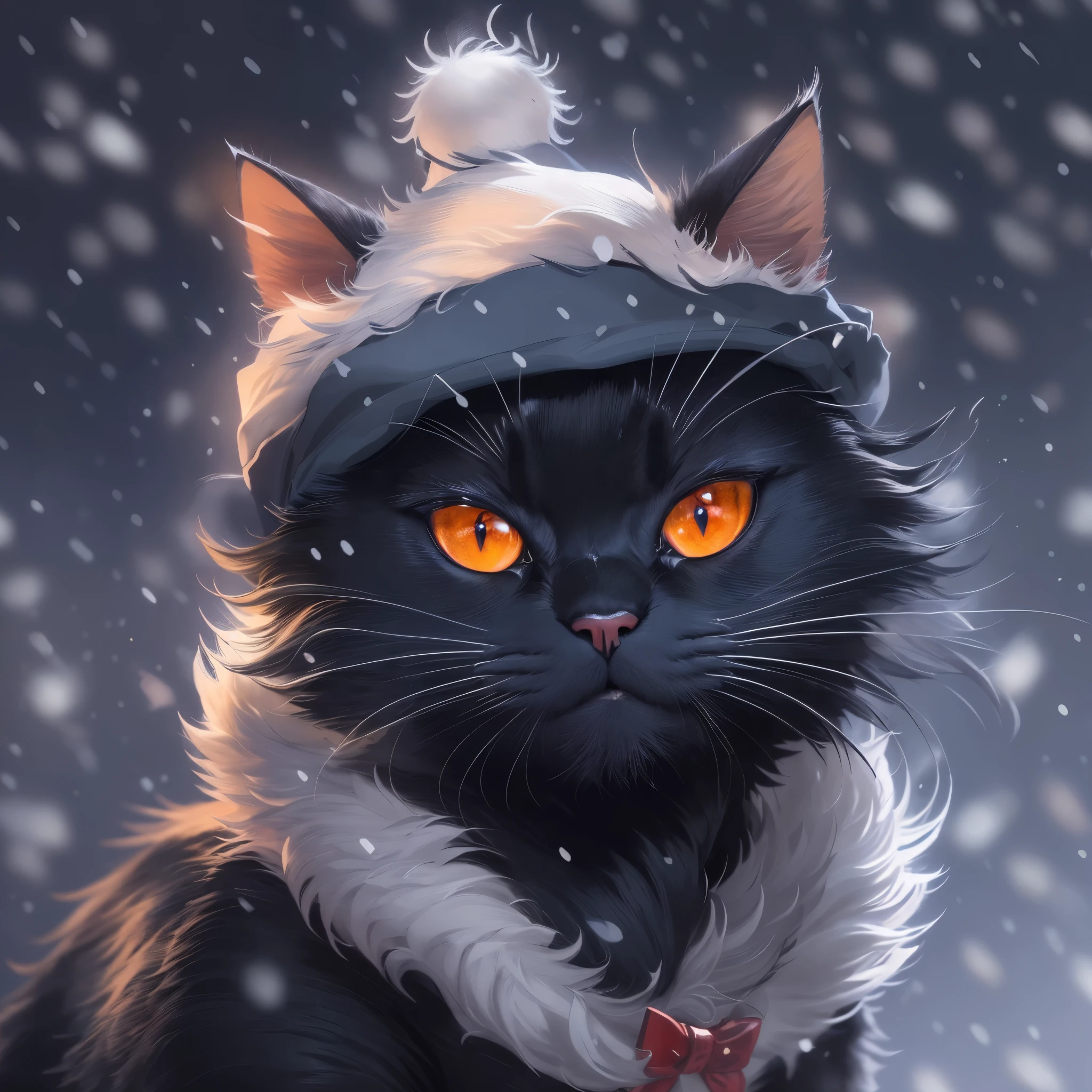 Black cat, demon cat, anime cat, warrior cats fan art, (((wear new-year's hat))), profile picture 1024px, snow, anime visual of a cute cat, the background is on snowflakes, fire eyes, by Yang J