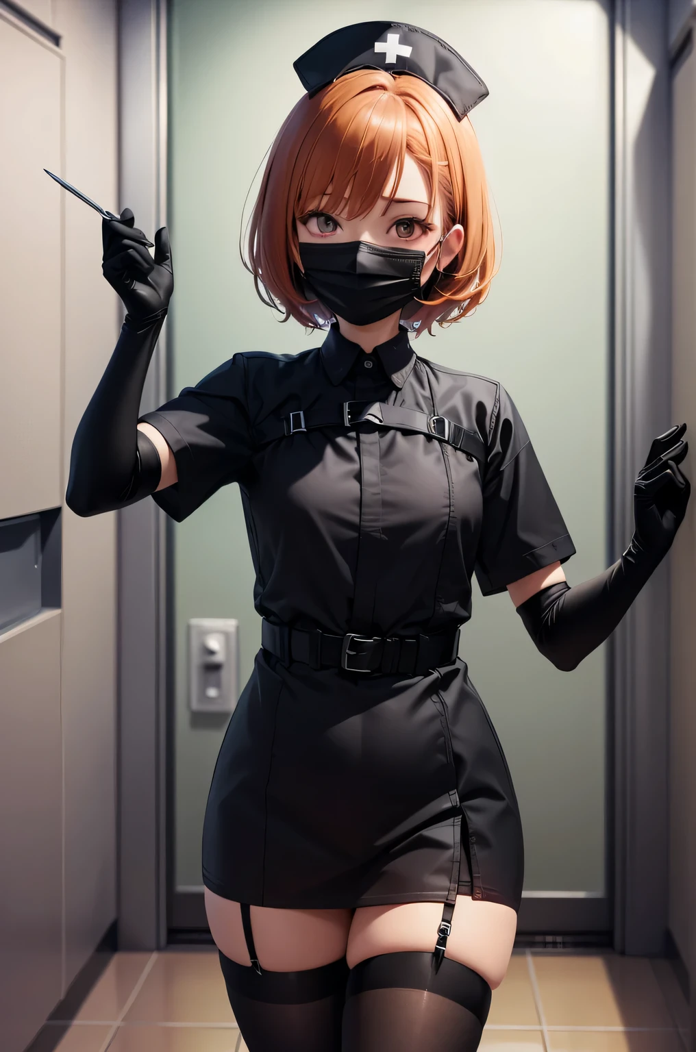 black nurse, 1girl, solo, black nurse cap, black wear, ((black legwear, zettai ryouiki)), black elbow gloves, very short hair, orange hair, ((black surgical mask, covered nose)), standing, ((surgery room)), sharp outline, short sleeves, tomboy, boyish, best quality, masterpiece