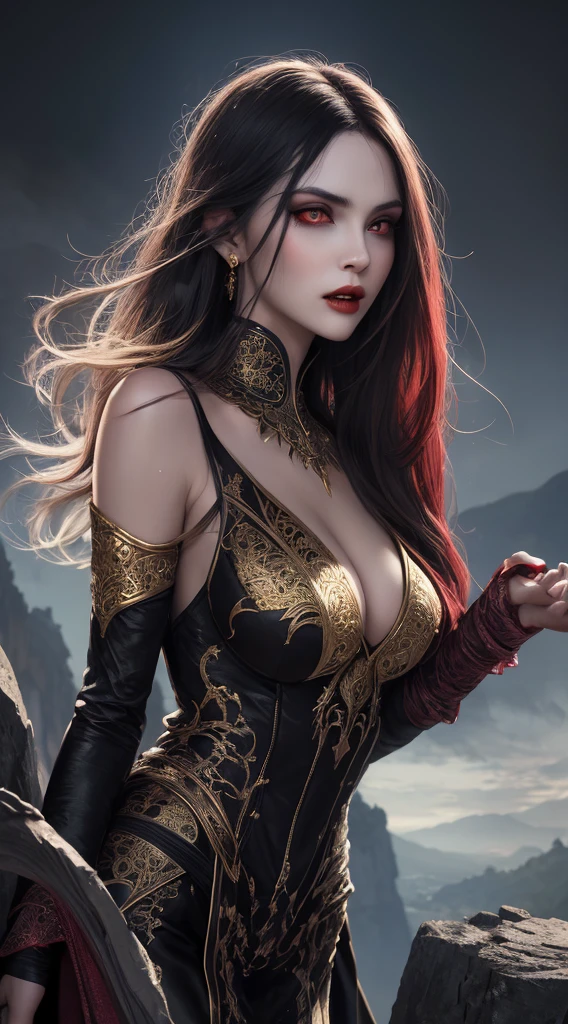 beautiful vampire woman, fangs coming out of her mouth, red eyes, Glamorous body, ancient castle on the cliff, acrylic art, ethereal background, abstract beauty, standing, approaching perfection, pure form, golden ratio, Waterhouse, intricate details, 8k post-production, ultra-high resolution, hyper-detailed, ArtStation trending, sharp focus, Studio shot, intricate details, highly detailed