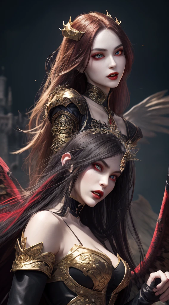 beautiful vampire woman, fangs coming out of her mouth, red eyes, Glamorous body, ancient castle on the cliff, acrylic art, ethereal background, abstract beauty, standing, approaching perfection, pure form, golden ratio, Waterhouse, intricate details, 8k post-production, ultra-high resolution, hyper-detailed, ArtStation trending, sharp focus, Studio shot, intricate details, highly detailed